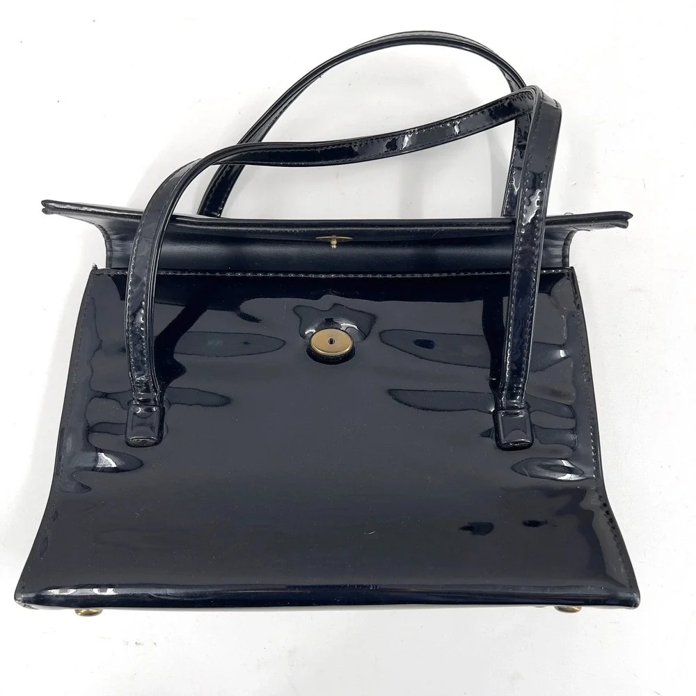 Vintage 60s JR USA Black Patent Leather Handbag Gold Chinese Character MCM